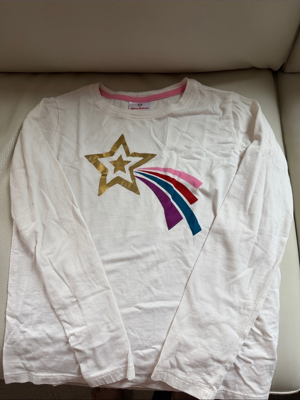 Hanna Andersson White Long-Sleeve Tee with Gold Star and Rainbow Trails